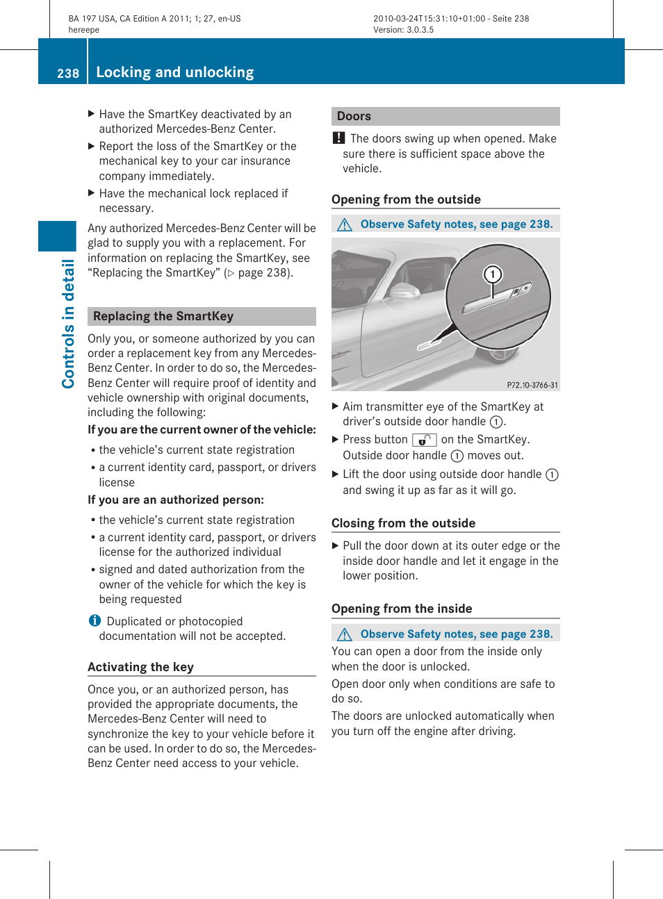 Replacing the smartkey, Doors, Controls in detail | Locking and unlocking | Mercedes-Benz 2011 SLS AMG User Manual | Page 240 / 436