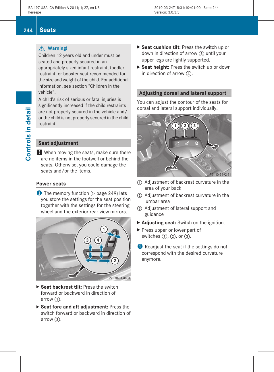 Seat adjustment, Adjusting dorsal and lateral support, Controls in detail | Seats | Mercedes-Benz 2011 SLS AMG User Manual | Page 246 / 436