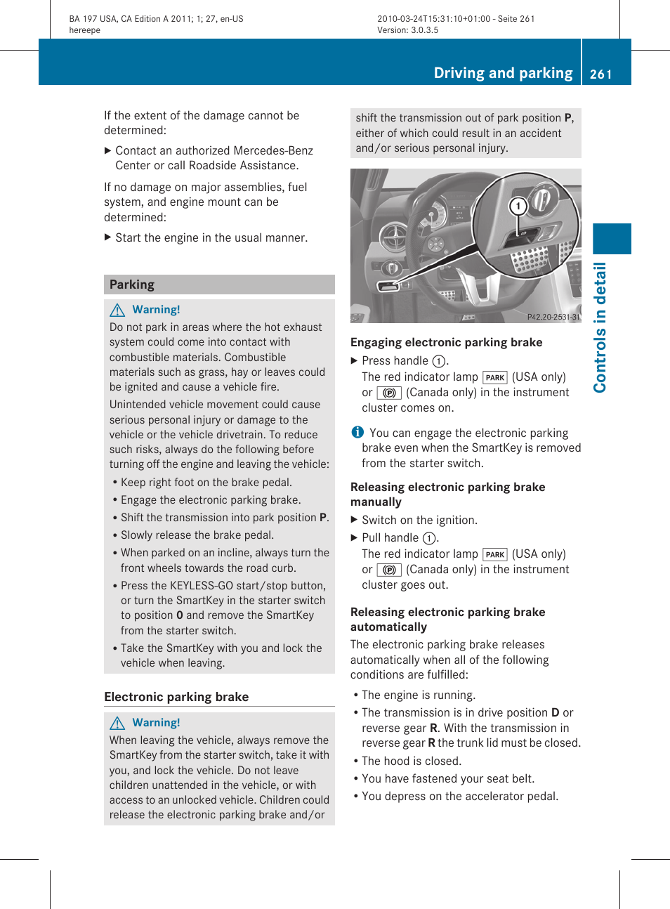 Parking, Controls in detail, Driving and parking | Mercedes-Benz 2011 SLS AMG User Manual | Page 263 / 436