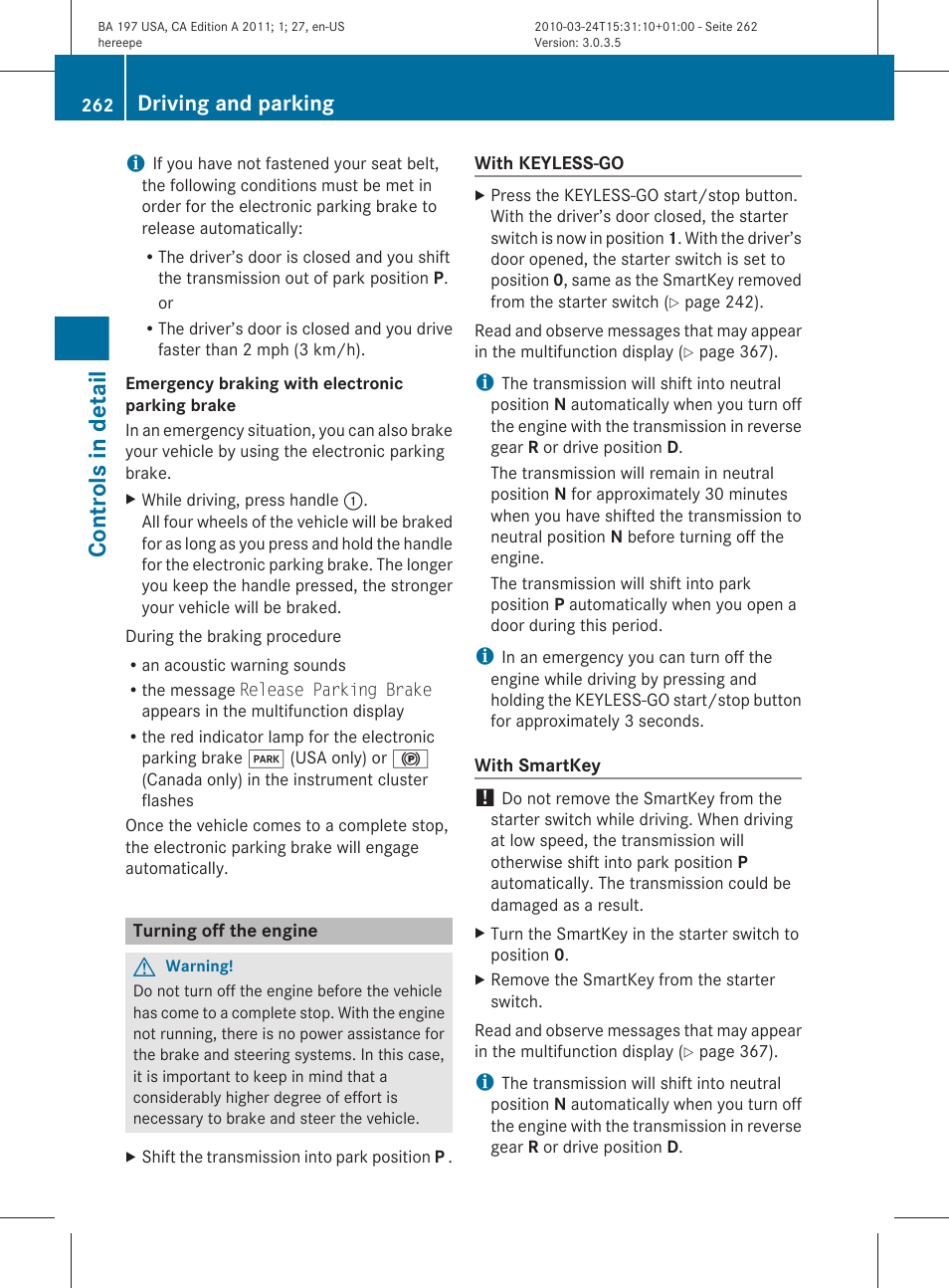 Turning off the engine, Controls in detail, Driving and parking | Mercedes-Benz 2011 SLS AMG User Manual | Page 264 / 436