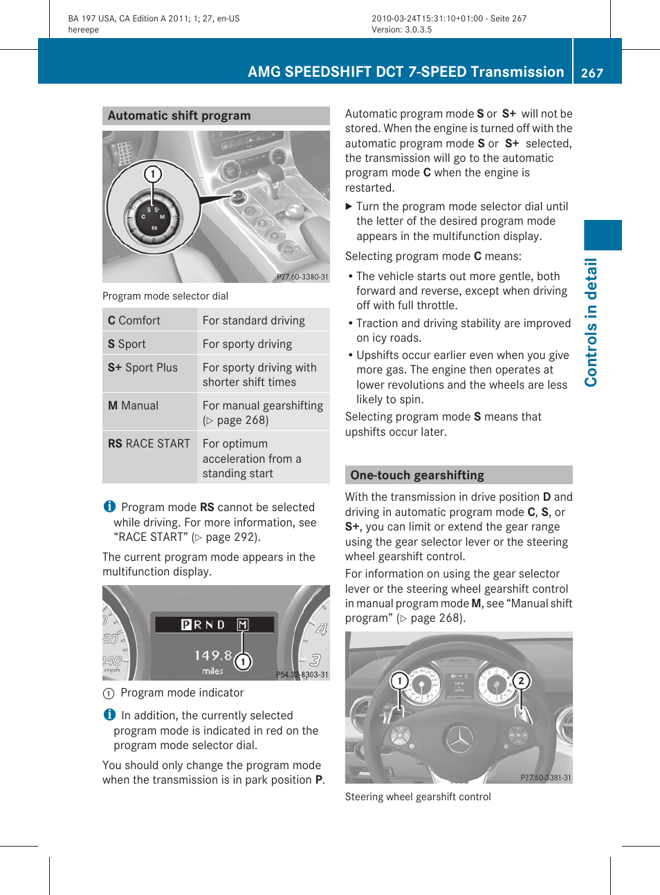 Automatic shift program, One-touch gearshifting, Controls in detail | Amg speedshift dct 7-speed transmission | Mercedes-Benz 2011 SLS AMG User Manual | Page 269 / 436