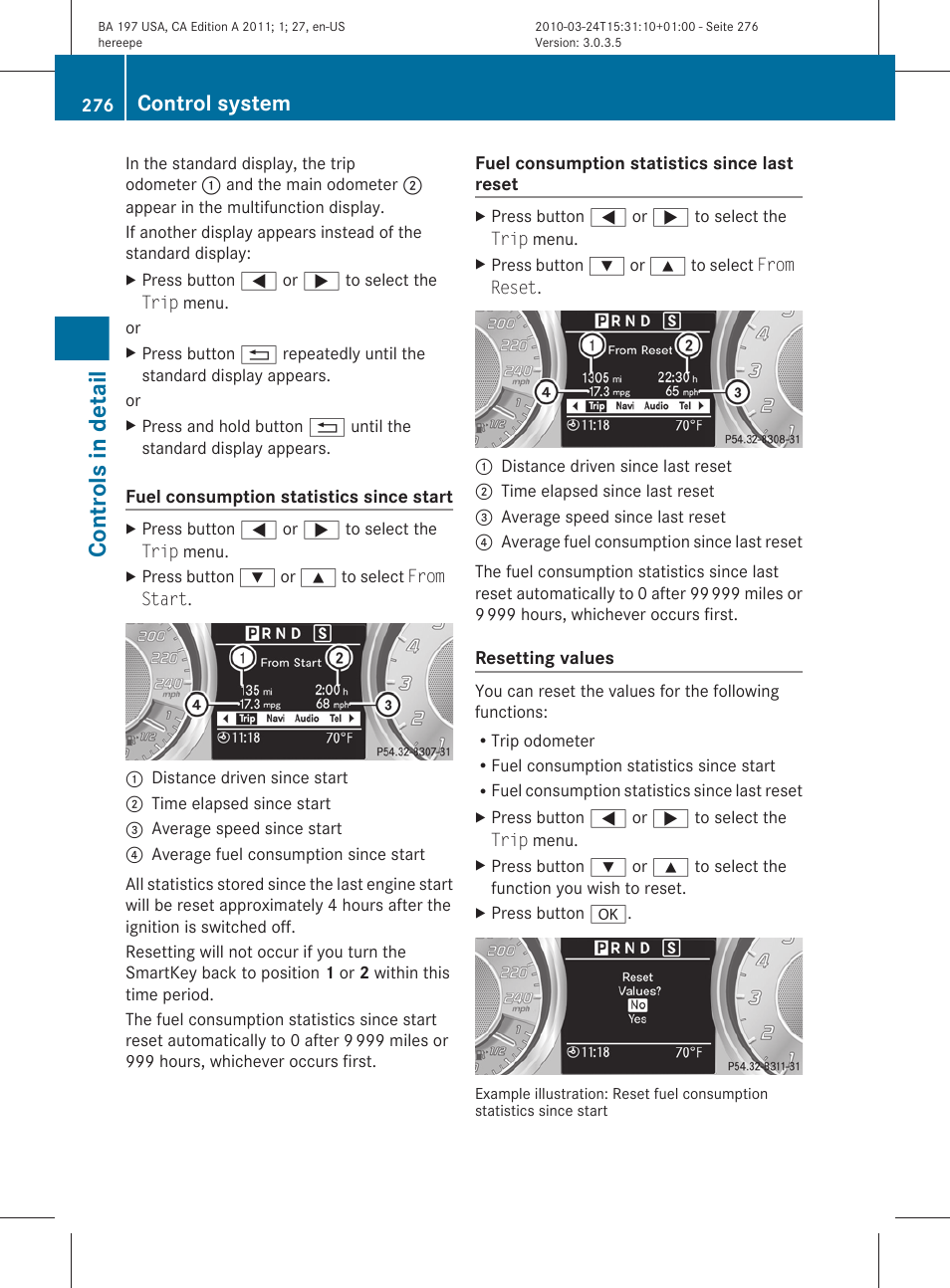 Resetting values, Controls in detail, Control system | Mercedes-Benz 2011 SLS AMG User Manual | Page 278 / 436