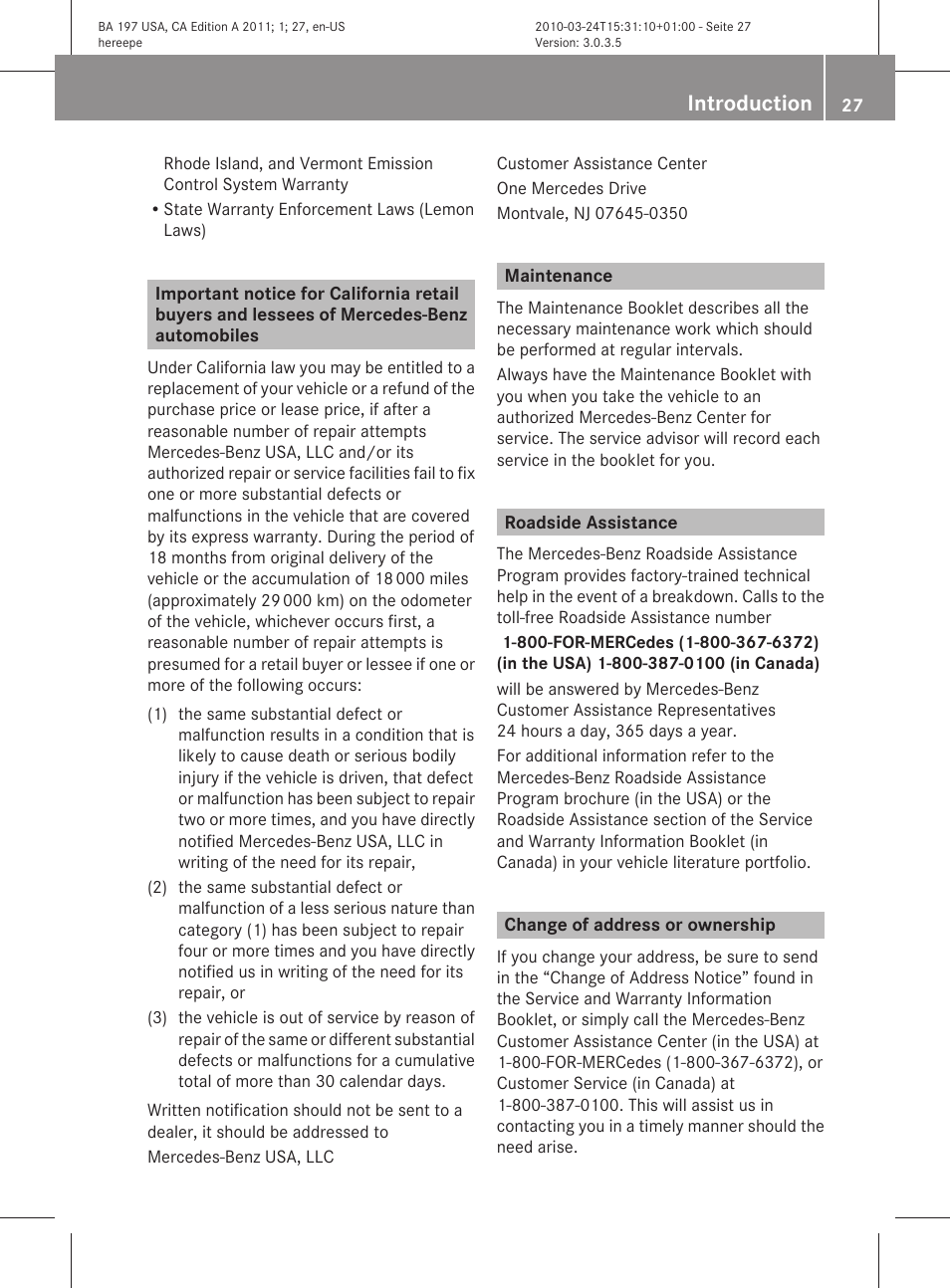 Maintenance, Roadside assistance, Change of address or ownership | Introduction | Mercedes-Benz 2011 SLS AMG User Manual | Page 29 / 436