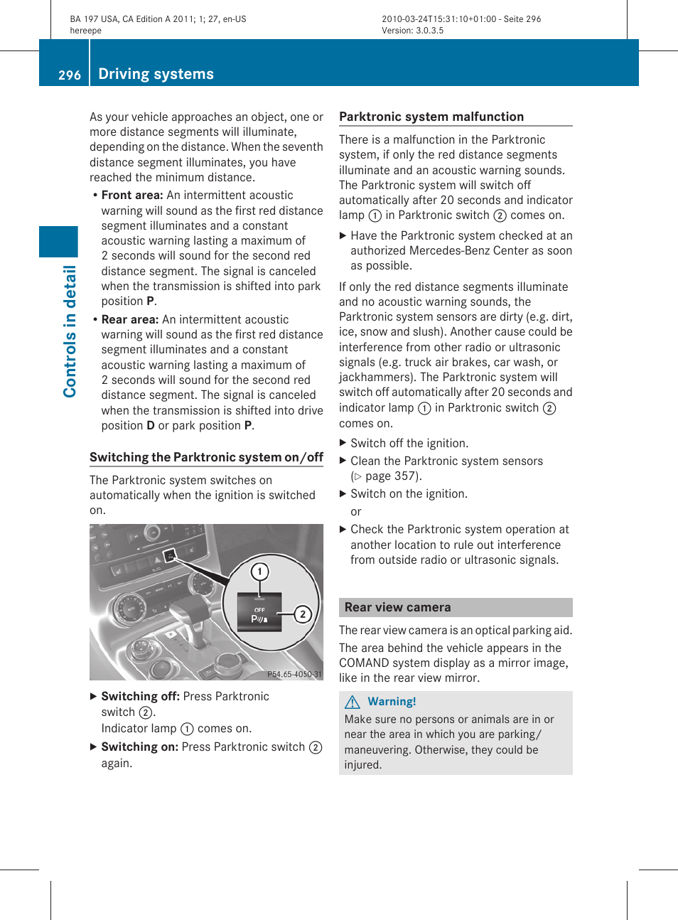 Rear view camera, Controls in detail, Driving systems | Mercedes-Benz 2011 SLS AMG User Manual | Page 298 / 436