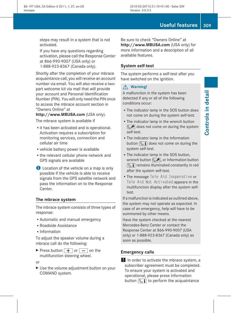 Controls in detail, Useful features | Mercedes-Benz 2011 SLS AMG User Manual | Page 311 / 436