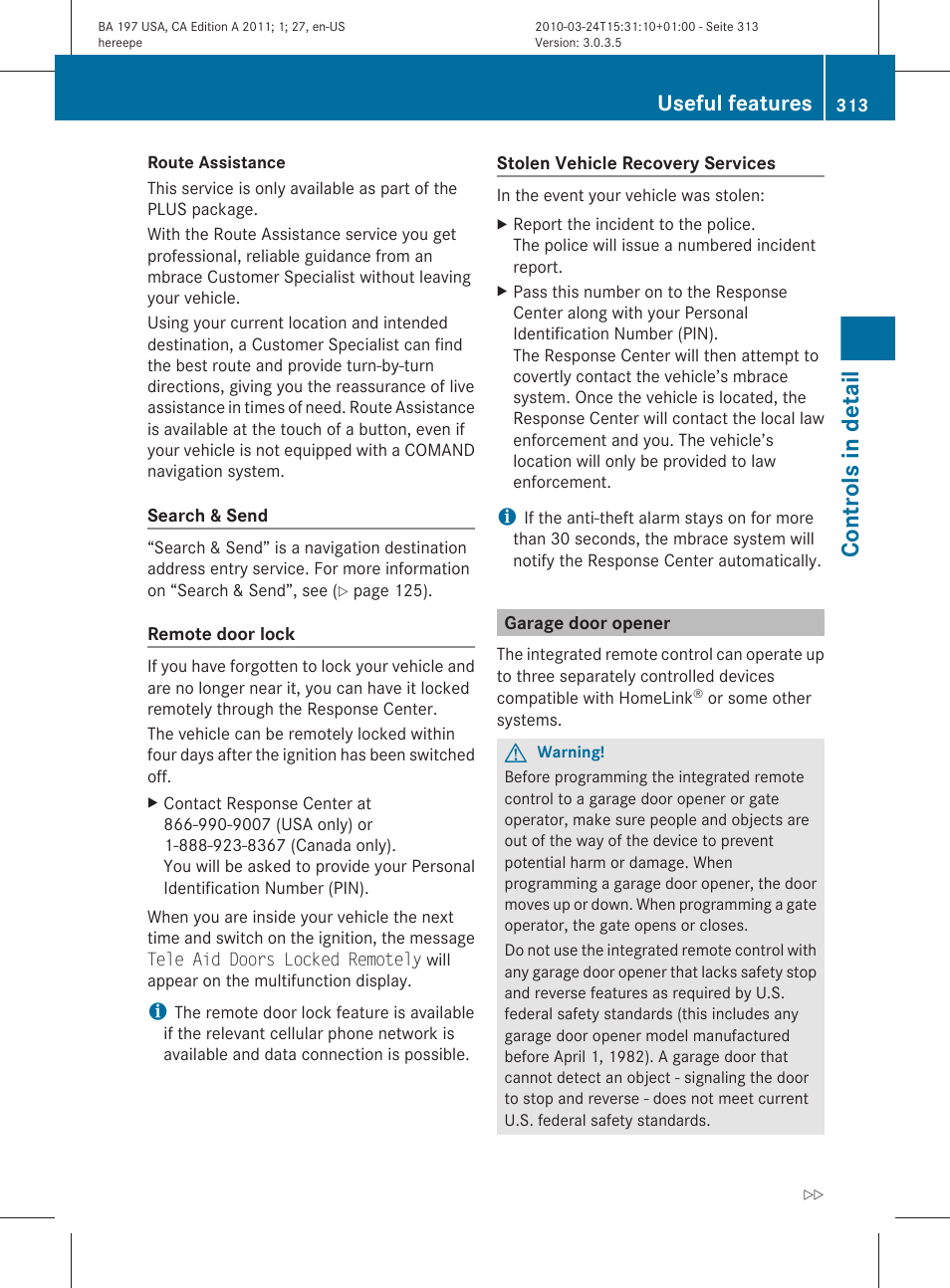 Garage door opener, Controls in detail, Useful features | Mercedes-Benz 2011 SLS AMG User Manual | Page 315 / 436