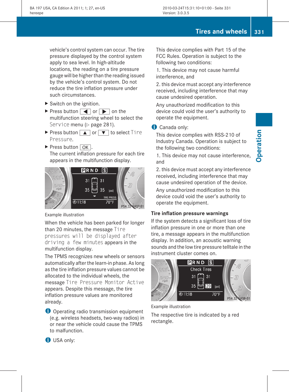 Operation, Tires and wheels | Mercedes-Benz 2011 SLS AMG User Manual | Page 333 / 436