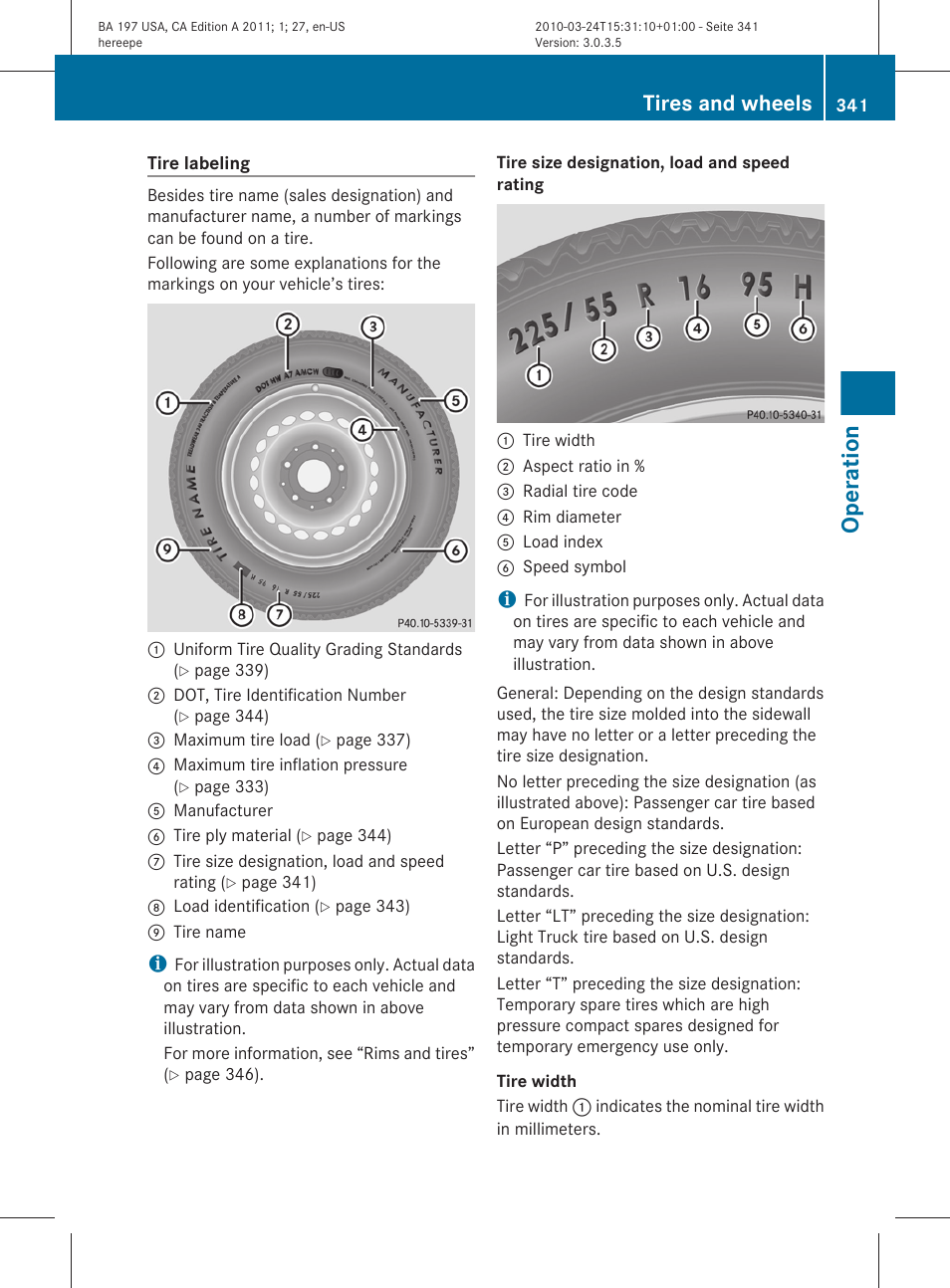 Operation, Tires and wheels | Mercedes-Benz 2011 SLS AMG User Manual | Page 343 / 436