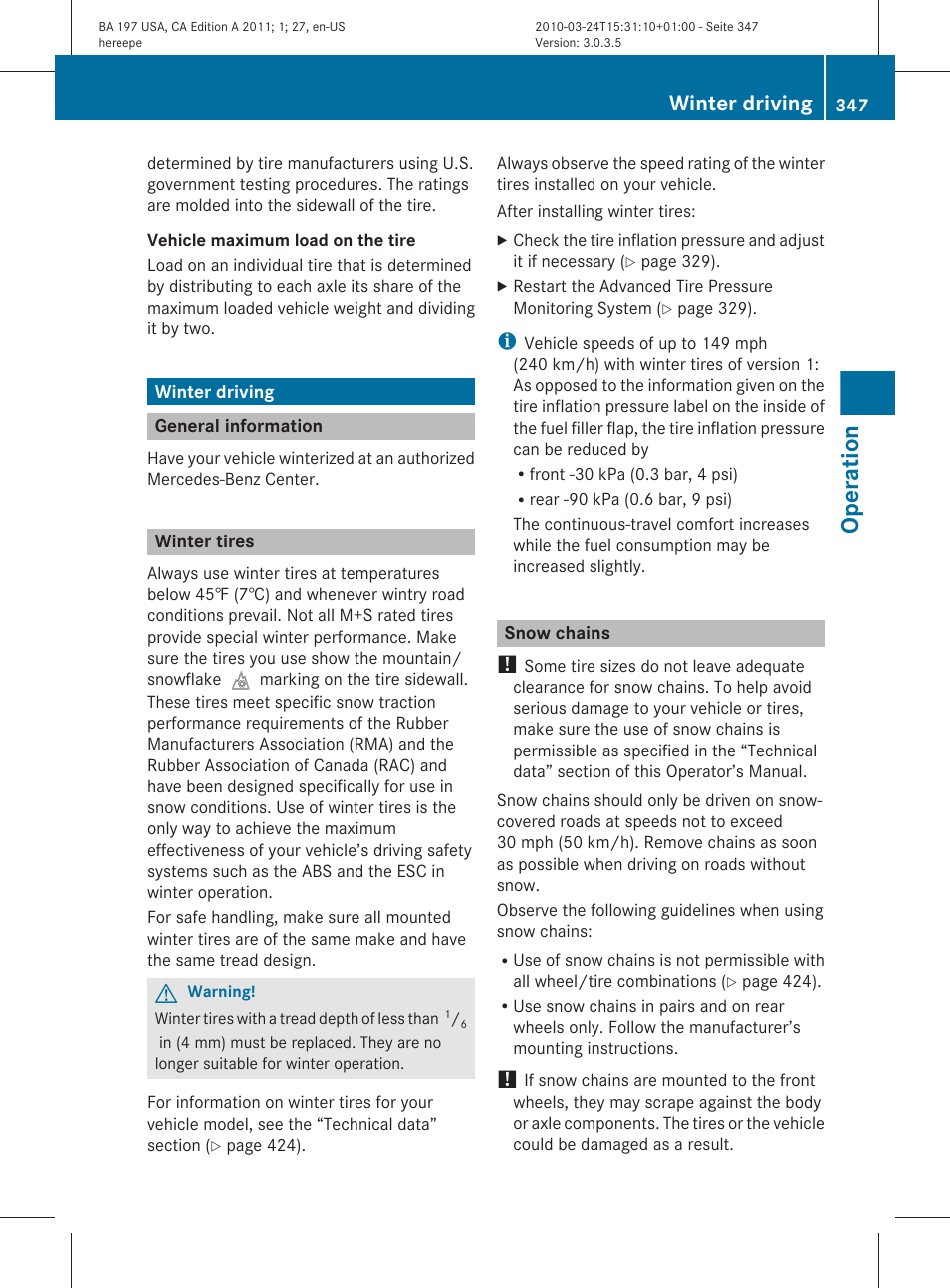 Winter driving, General information, Winter tires | Snow chains, Operation | Mercedes-Benz 2011 SLS AMG User Manual | Page 349 / 436