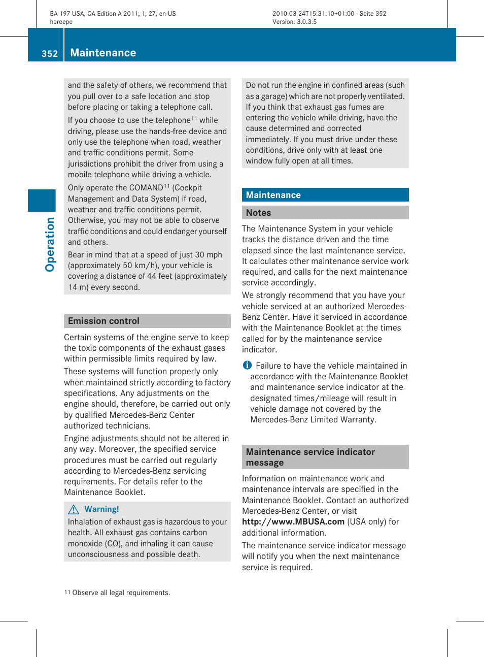 Emission control, Maintenance, Notes | Maintenance service indicator message, Operation | Mercedes-Benz 2011 SLS AMG User Manual | Page 354 / 436