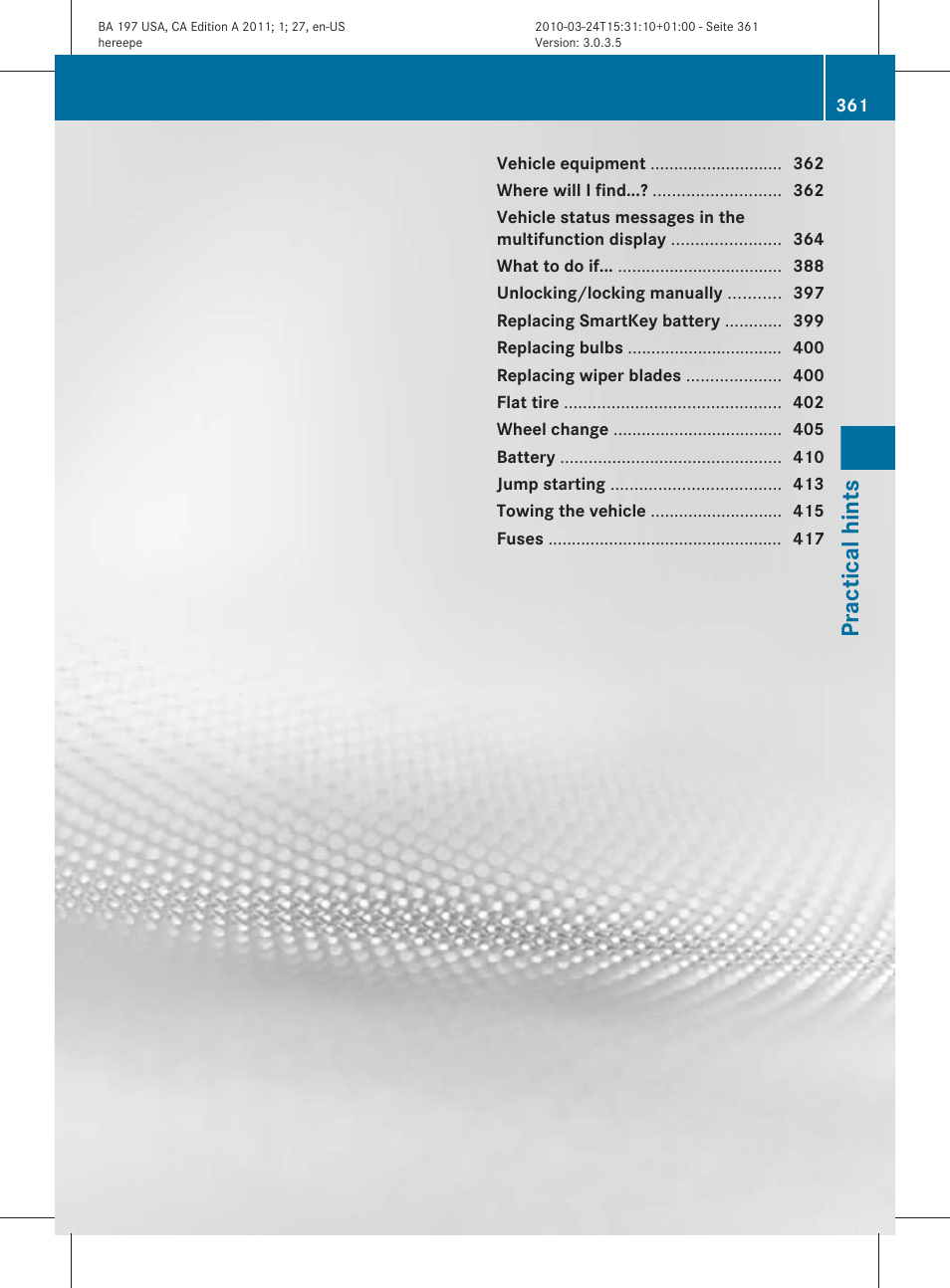 Practical hints | Mercedes-Benz 2011 SLS AMG User Manual | Page 363 / 436