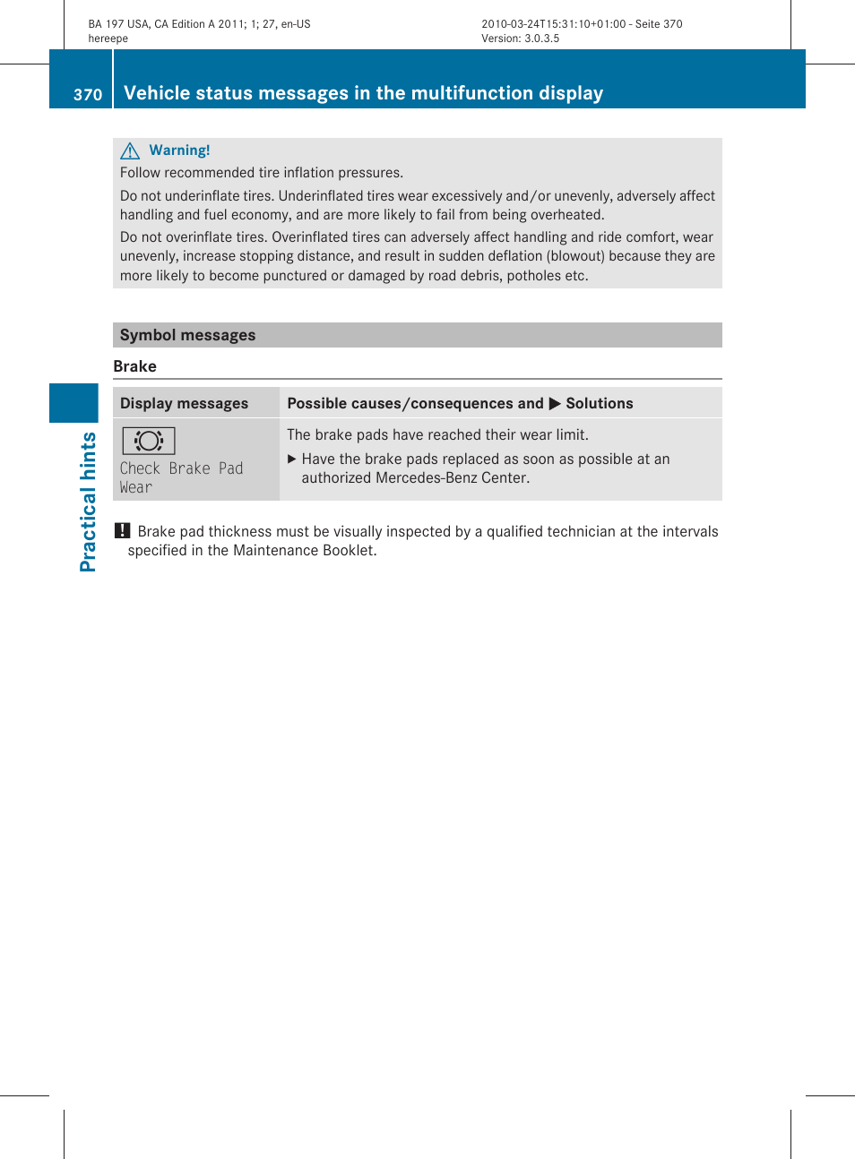 Symbol messages, Practical hints | Mercedes-Benz 2011 SLS AMG User Manual | Page 372 / 436