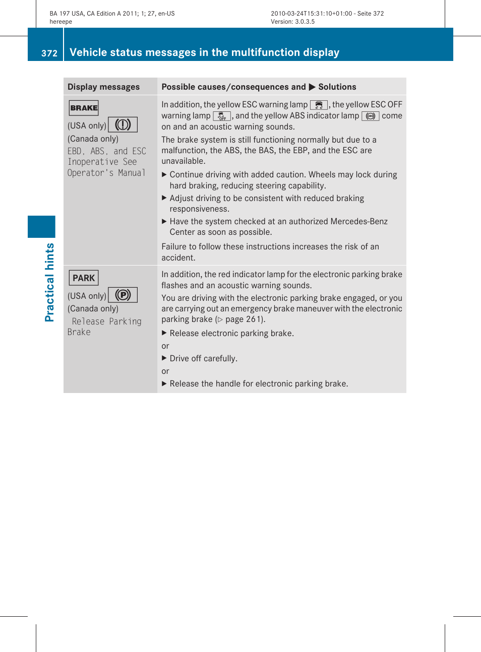 Practical hints | Mercedes-Benz 2011 SLS AMG User Manual | Page 374 / 436