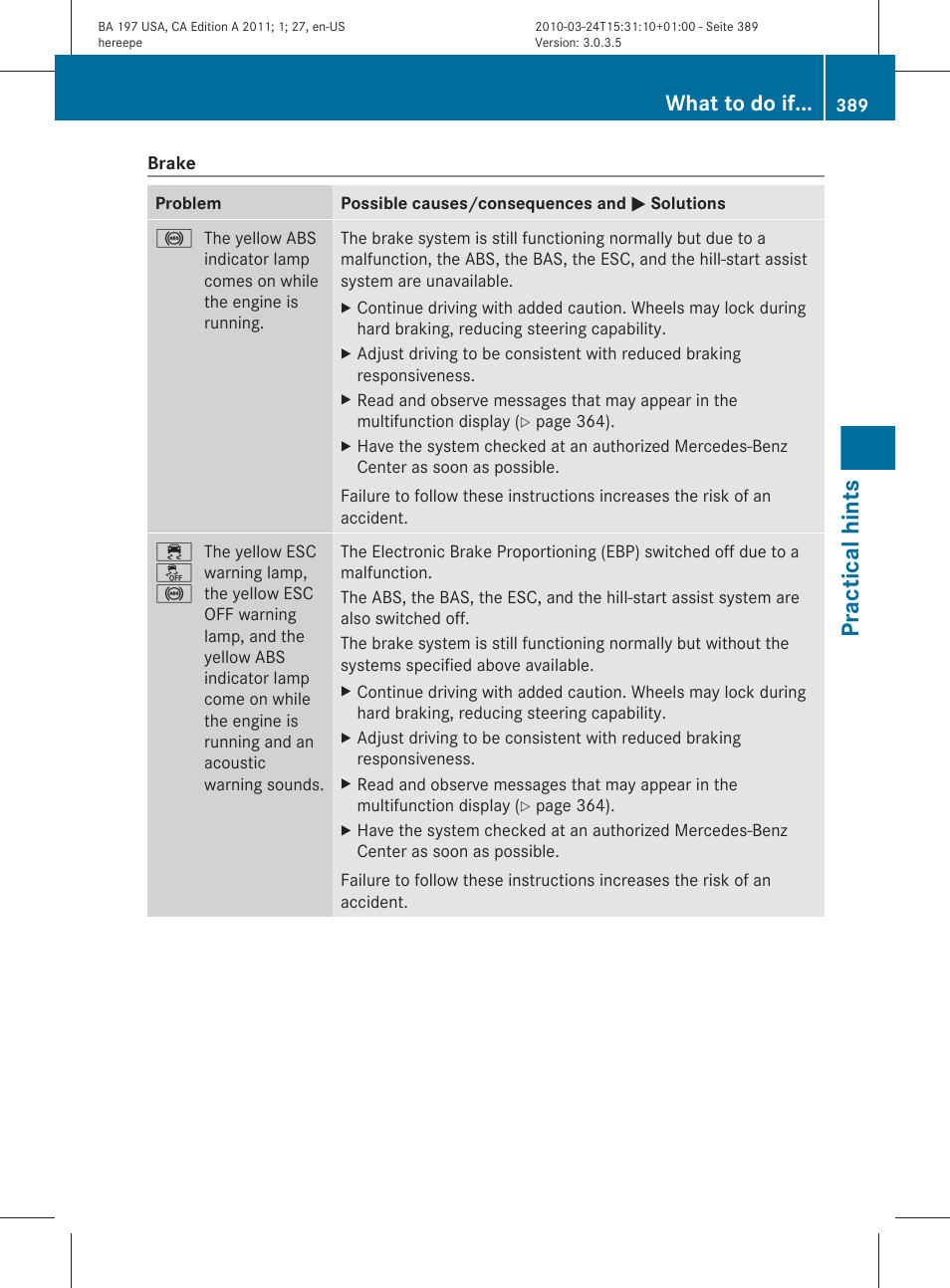 Practical hints, What to do if | Mercedes-Benz 2011 SLS AMG User Manual | Page 391 / 436