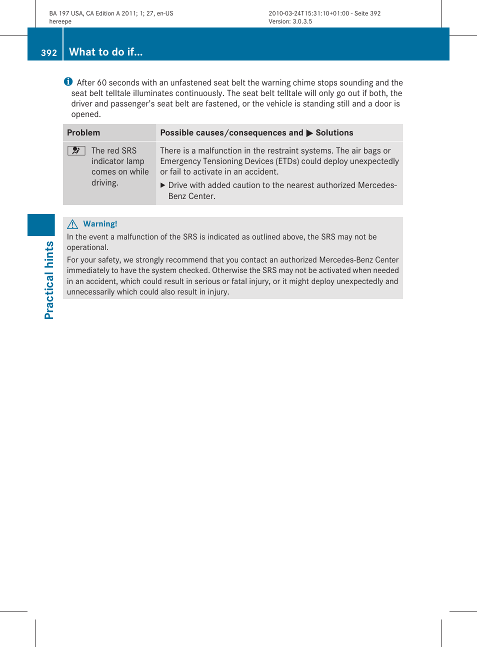 Practical hints, What to do if | Mercedes-Benz 2011 SLS AMG User Manual | Page 394 / 436