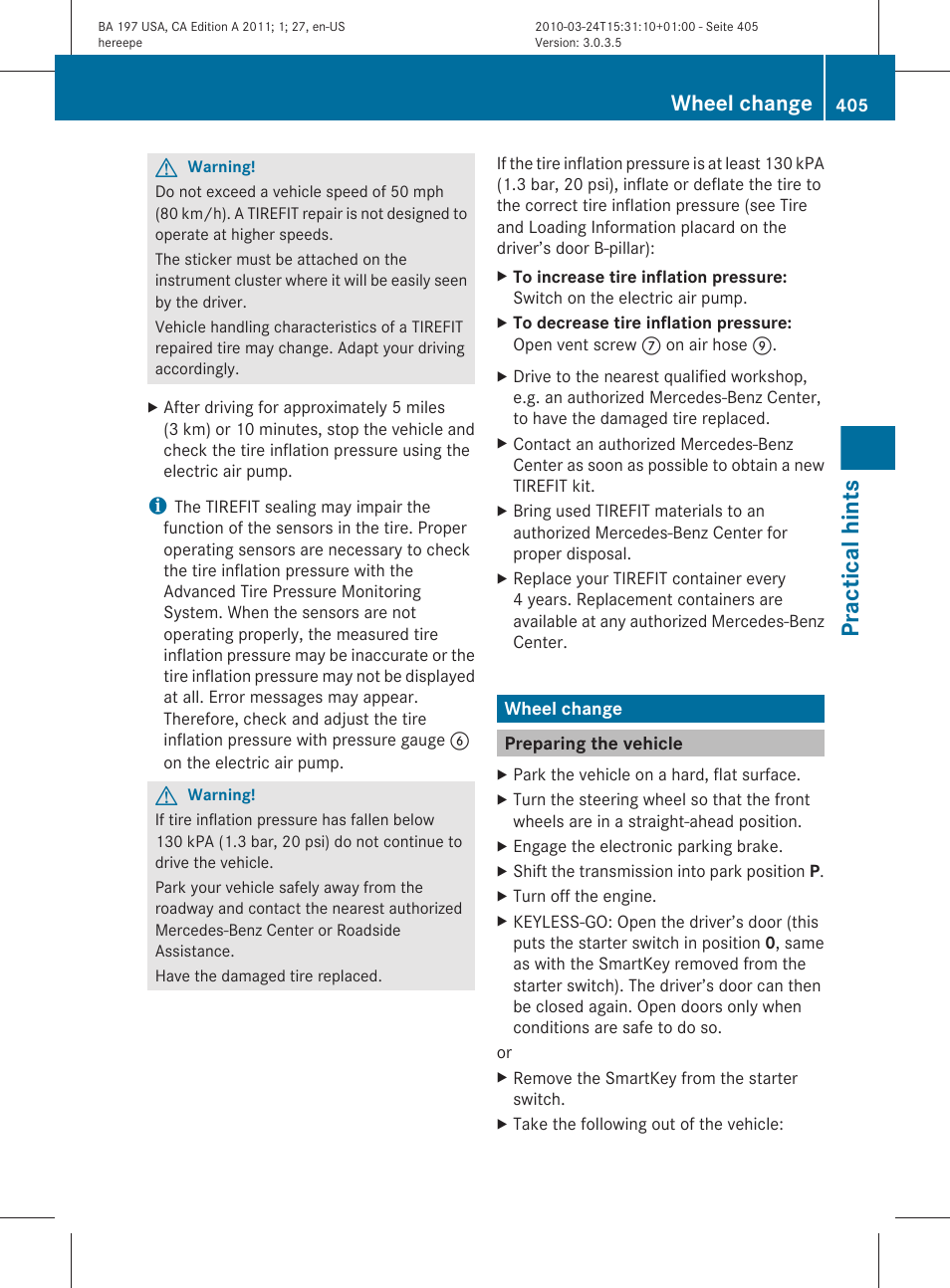 Wheel change, Preparing the vehicle, Change | If necessary, change the wheel, Practical hints | Mercedes-Benz 2011 SLS AMG User Manual | Page 407 / 436