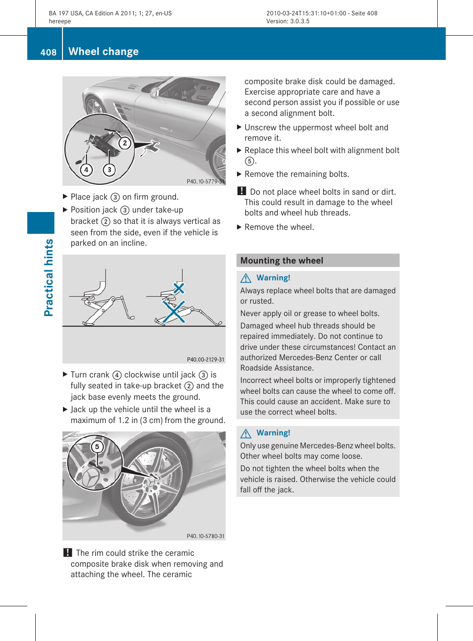 Mounting the wheel, Practical hints, Wheel change | Mercedes-Benz 2011 SLS AMG User Manual | Page 410 / 436