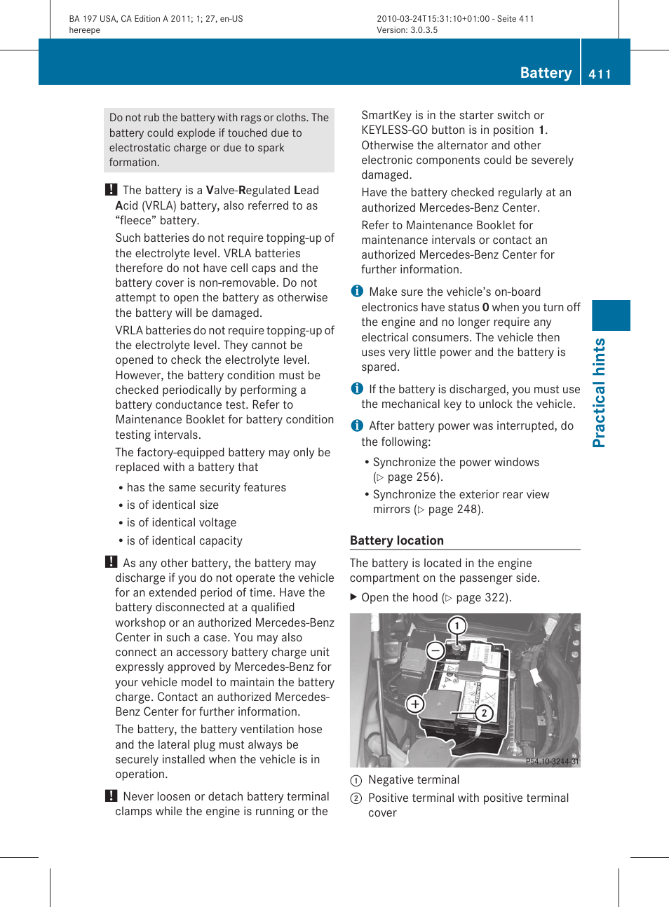 Practical hints, Battery | Mercedes-Benz 2011 SLS AMG User Manual | Page 413 / 436