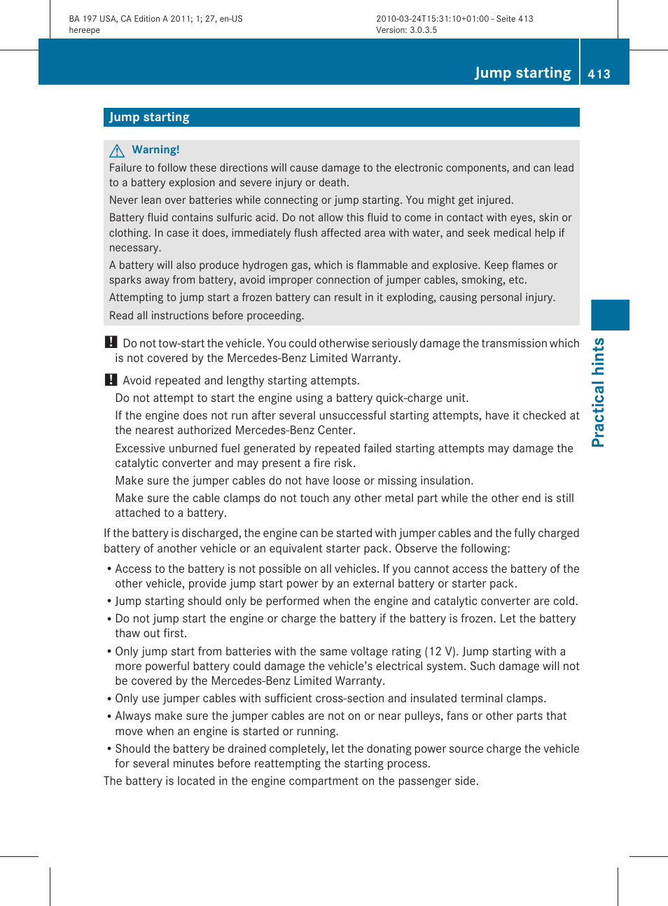 Jump starting, Get a jump start, Practical hints | Mercedes-Benz 2011 SLS AMG User Manual | Page 415 / 436