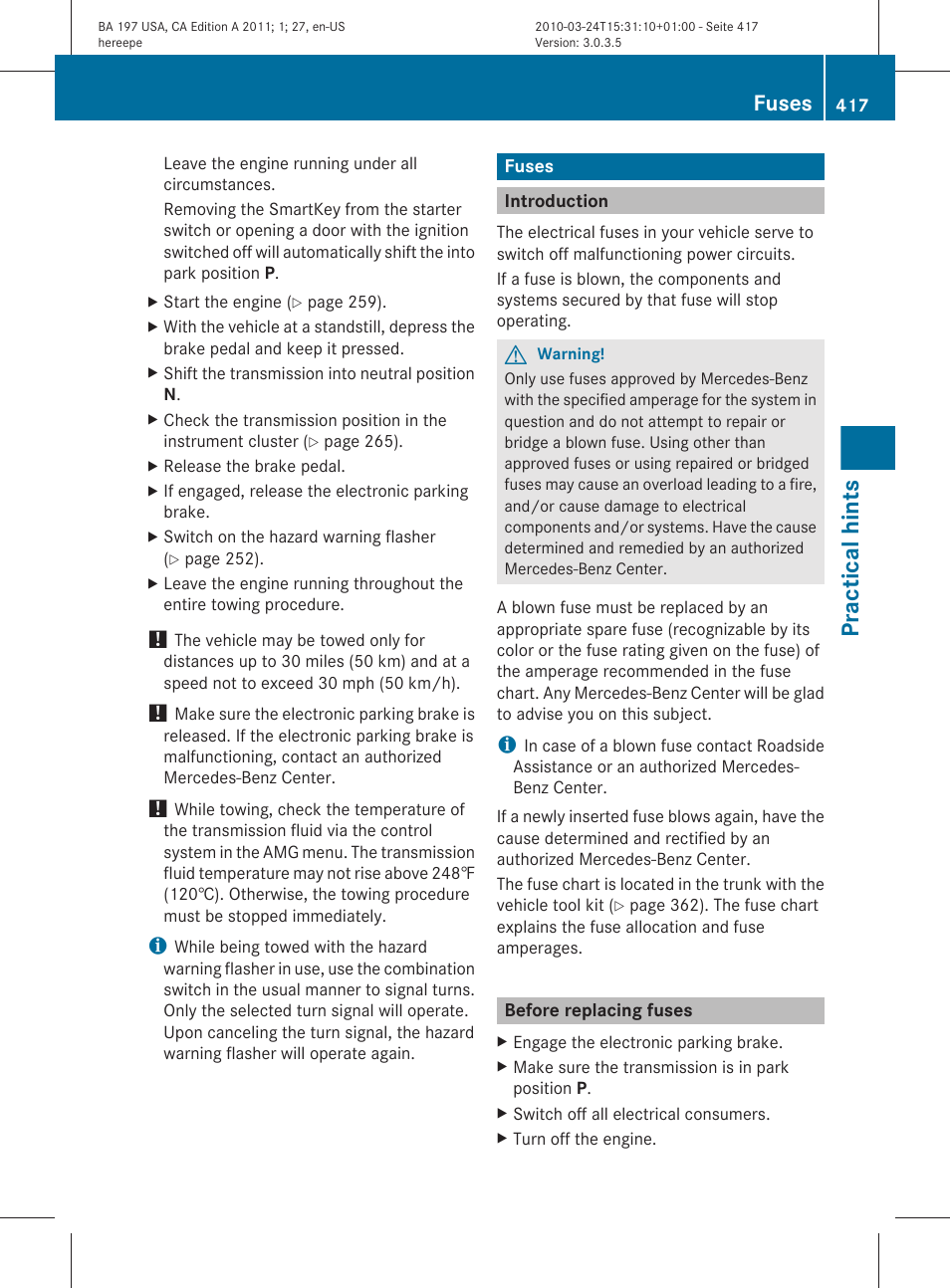 Fuses, Introduction, Before replacing fuses | Practical hints | Mercedes-Benz 2011 SLS AMG User Manual | Page 419 / 436