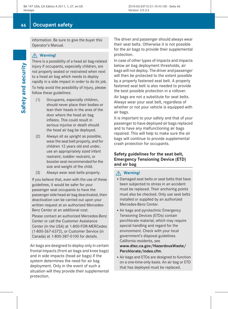 Safety and security, Occupant safety | Mercedes-Benz 2011 SLS AMG User Manual | Page 48 / 436