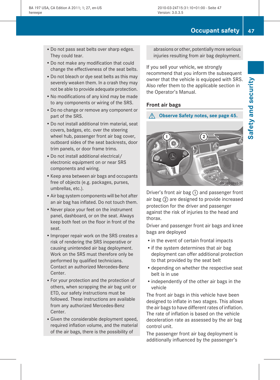 Safety and security, Occupant safety | Mercedes-Benz 2011 SLS AMG User Manual | Page 49 / 436