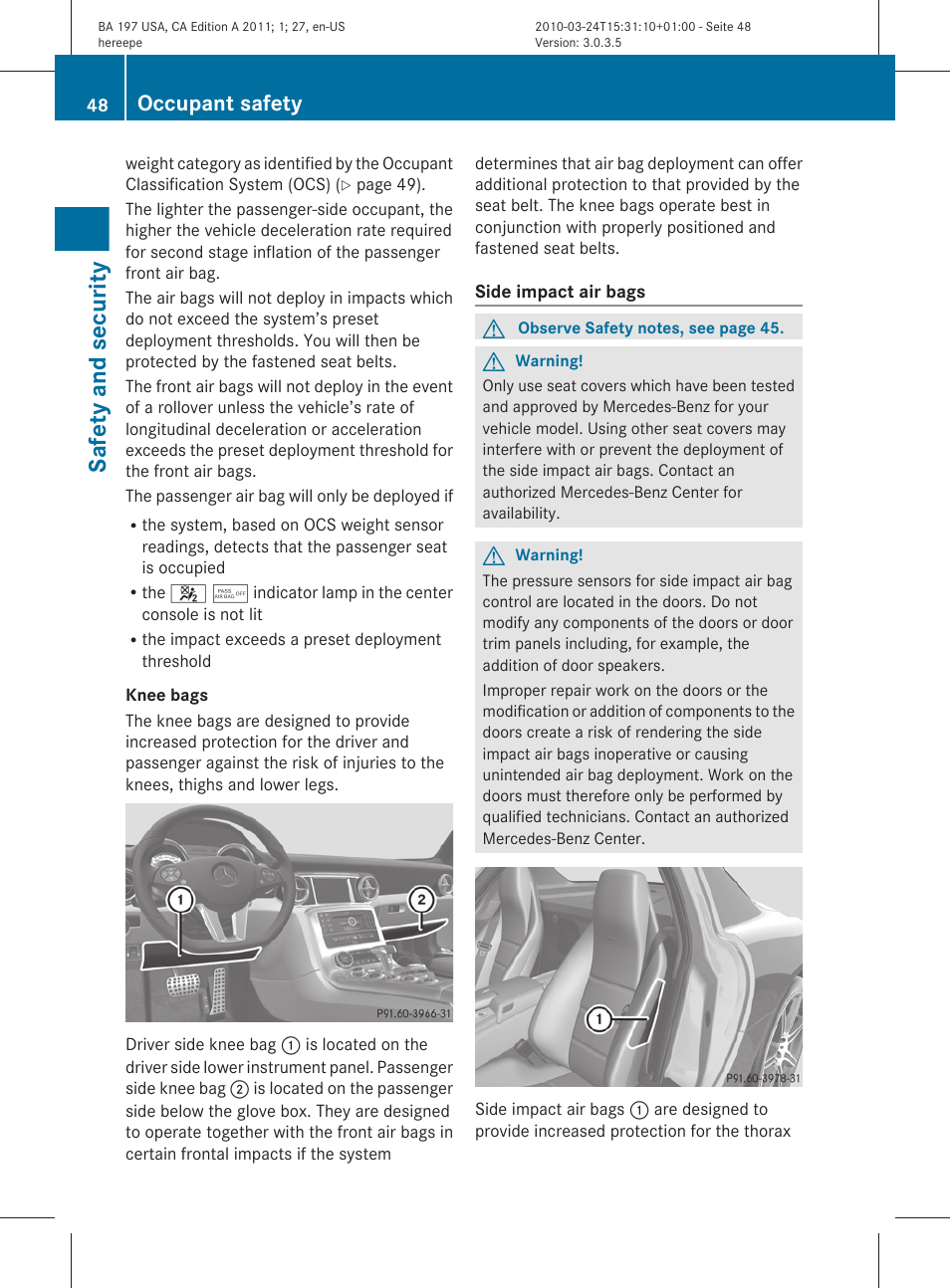 Safety and security, Occupant safety | Mercedes-Benz 2011 SLS AMG User Manual | Page 50 / 436