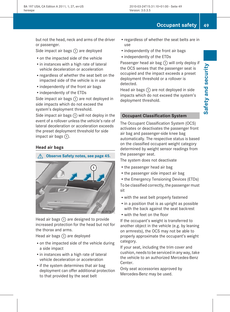 Occupant classification system, Classification system (ocs), Safety and security | Occupant safety | Mercedes-Benz 2011 SLS AMG User Manual | Page 51 / 436