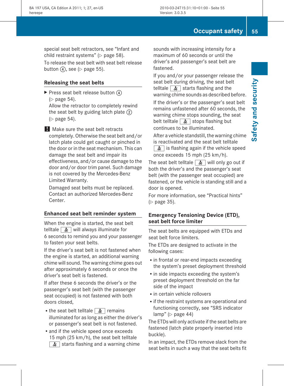 Safety and security, Occupant safety | Mercedes-Benz 2011 SLS AMG User Manual | Page 57 / 436