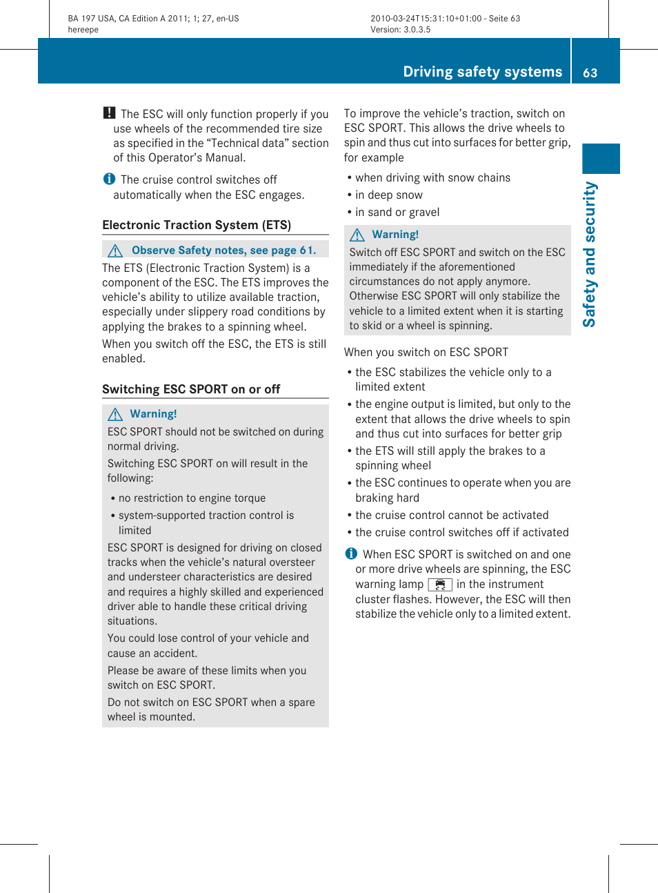 Safety and security, Driving safety systems | Mercedes-Benz 2011 SLS AMG User Manual | Page 65 / 436