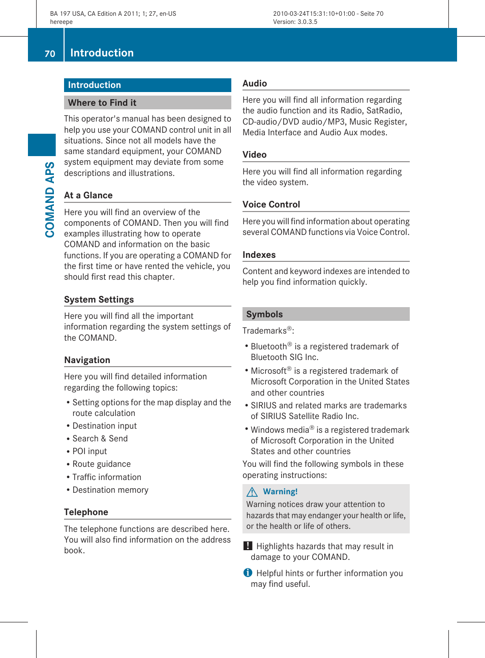 Comand aps, Introduction, Where to find it | Symbols | Mercedes-Benz 2011 SLS AMG User Manual | Page 72 / 436