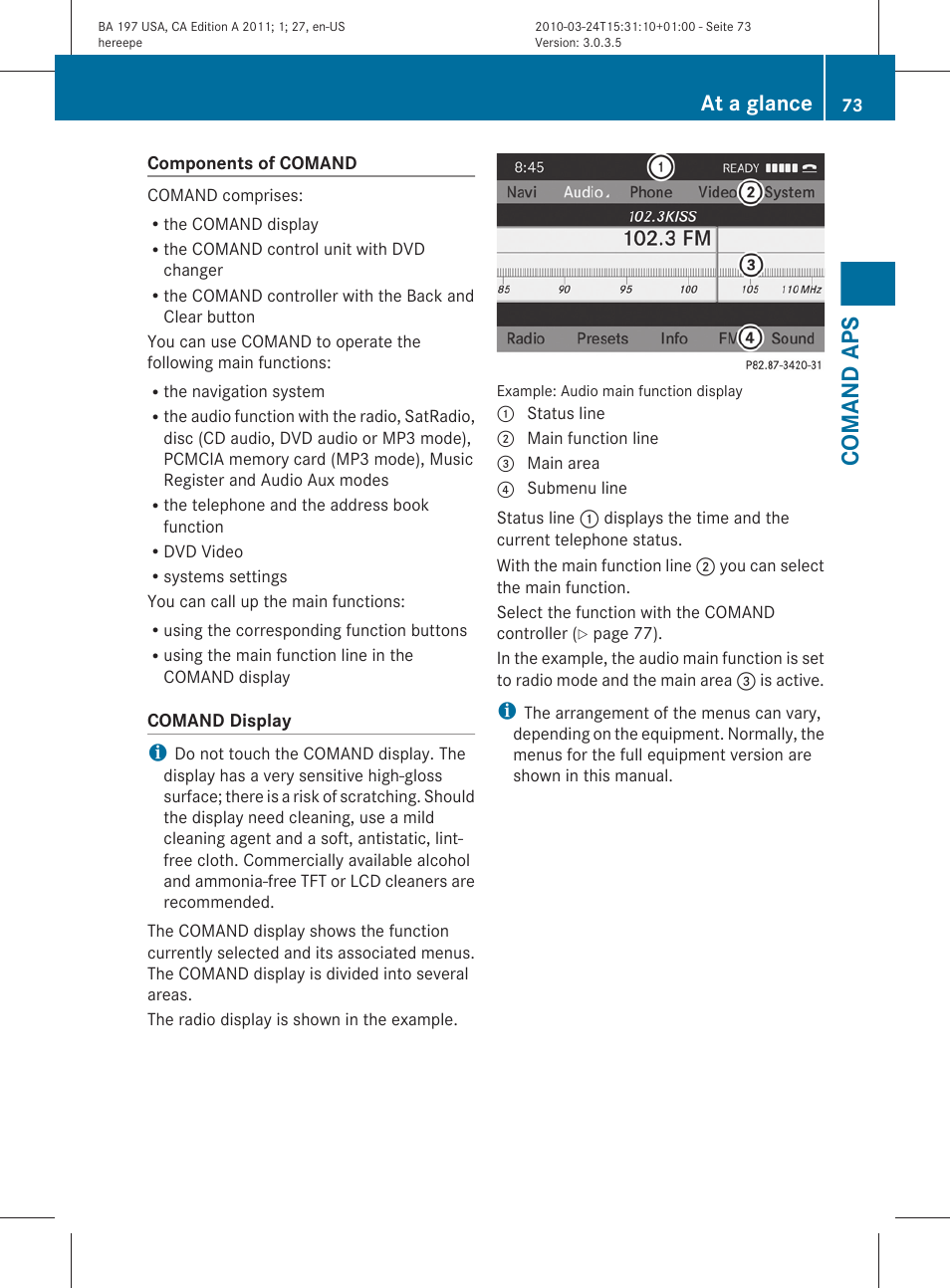 Comand aps, At a glance | Mercedes-Benz 2011 SLS AMG User Manual | Page 75 / 436