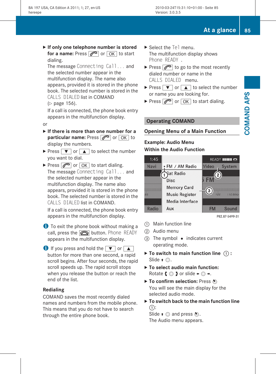 Operating comand, Comand aps, At a glance | Mercedes-Benz 2011 SLS AMG User Manual | Page 87 / 436