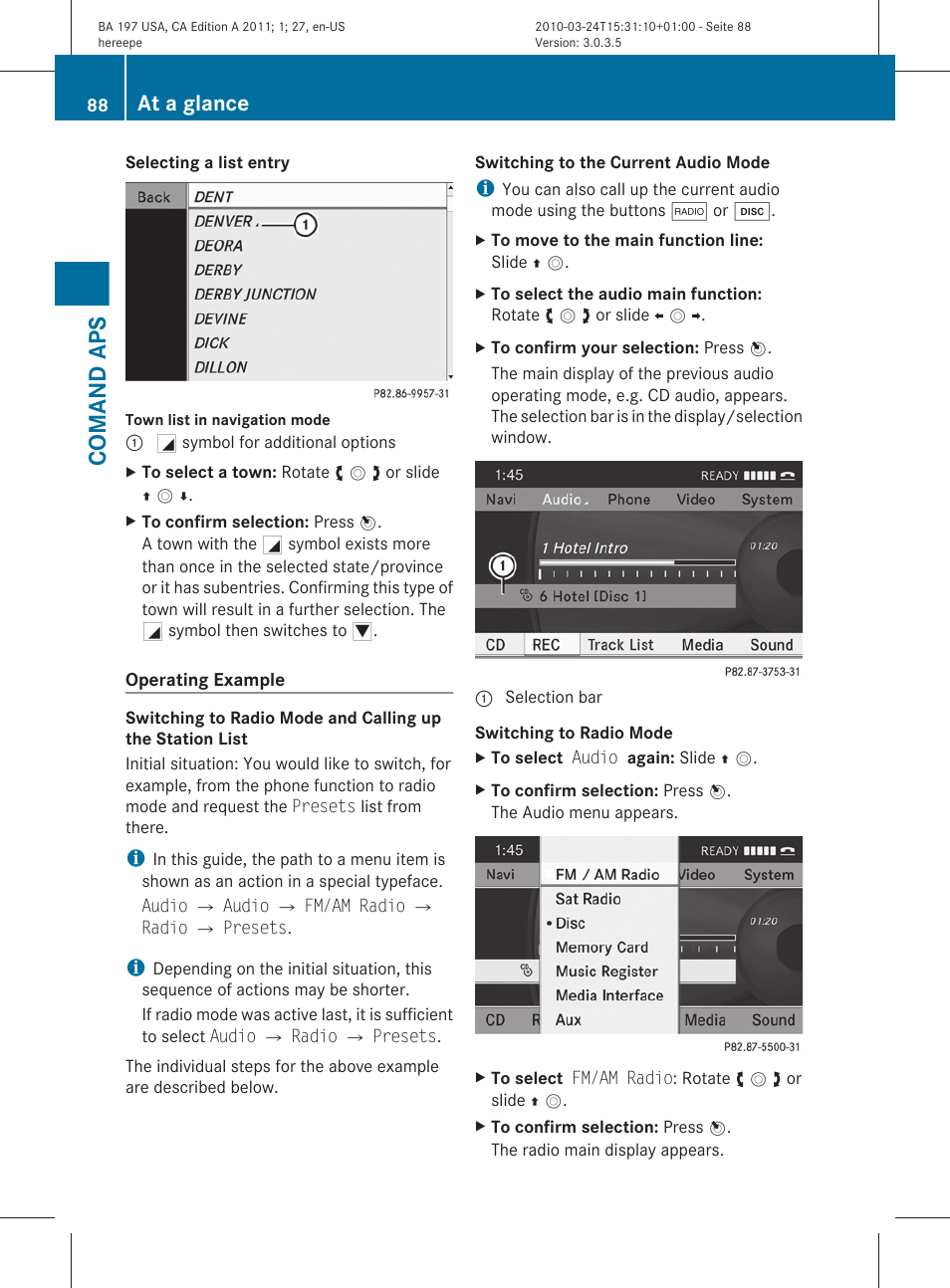 Comand aps, At a glance | Mercedes-Benz 2011 SLS AMG User Manual | Page 90 / 436