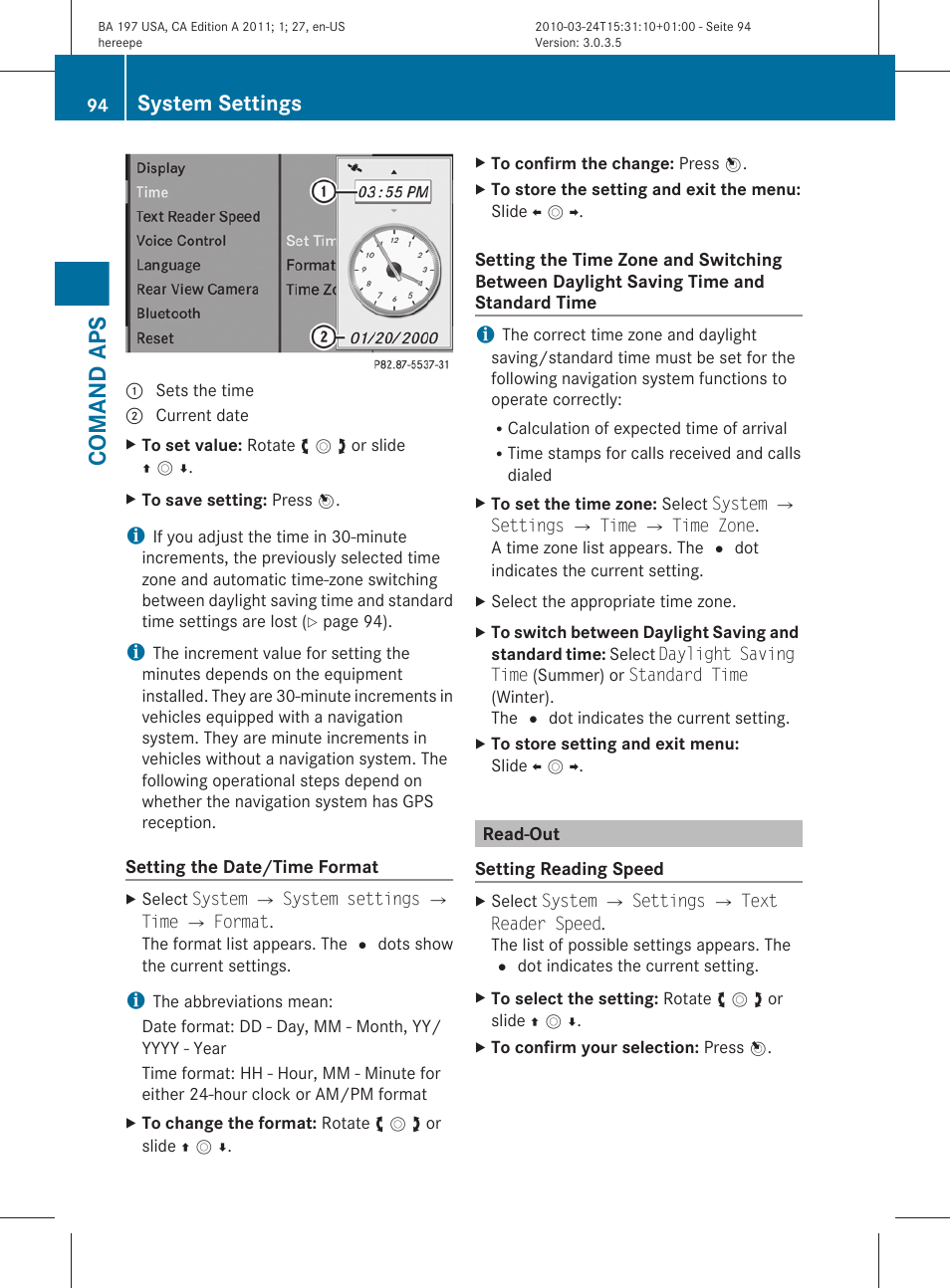 Read-out, Comand aps, System settings | Mercedes-Benz 2011 SLS AMG User Manual | Page 96 / 436