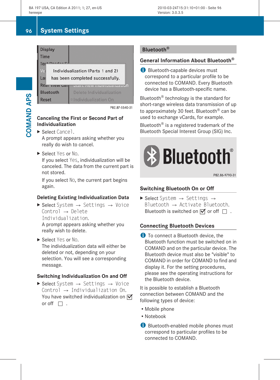 Bluetooth, Comand aps, System settings | Mercedes-Benz 2011 SLS AMG User Manual | Page 98 / 436