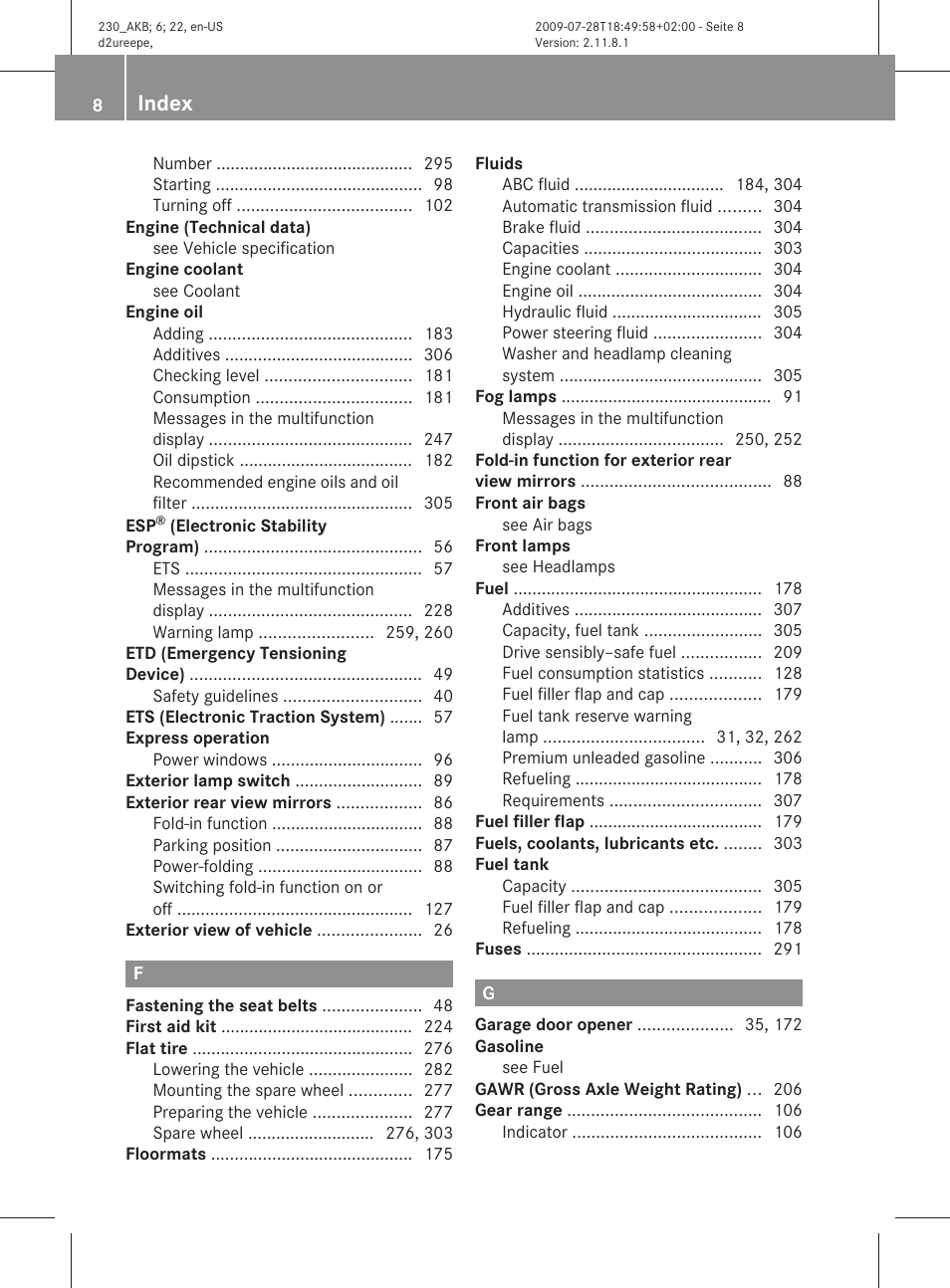 Index | Mercedes-Benz 2011 SL-Class User Manual | Page 10 / 316