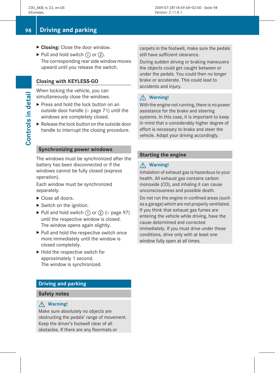 Synchronizing power windows, Driving and parking, Safety notes | Starting the engine, Start the engine, Controls in detail | Mercedes-Benz 2011 SL-Class User Manual | Page 100 / 316