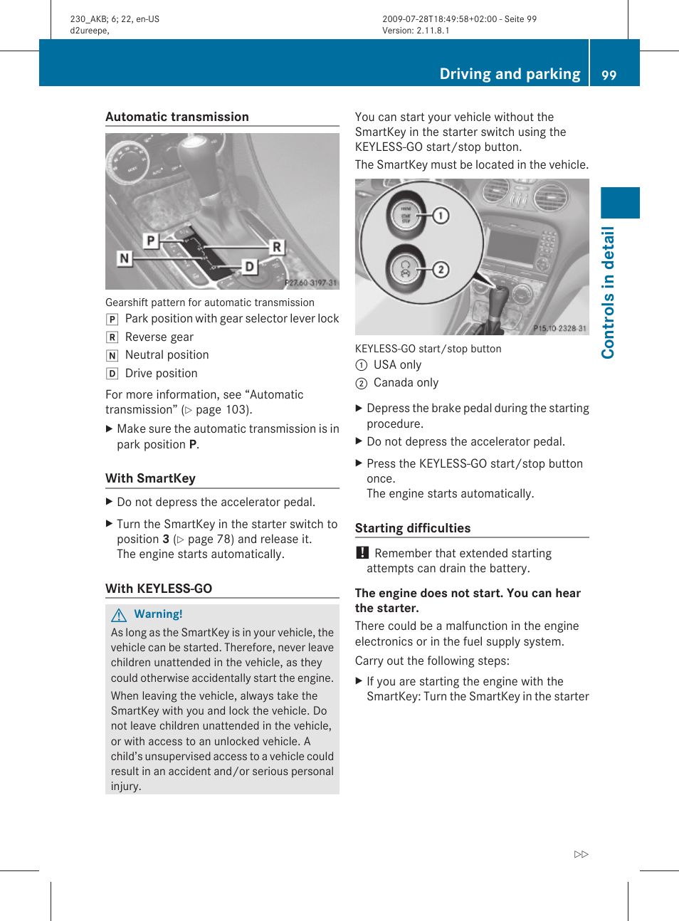 Controls in detail, Driving and parking | Mercedes-Benz 2011 SL-Class User Manual | Page 101 / 316