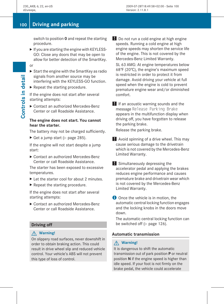 Driving off, Controls in detail, Driving and parking | Mercedes-Benz 2011 SL-Class User Manual | Page 102 / 316