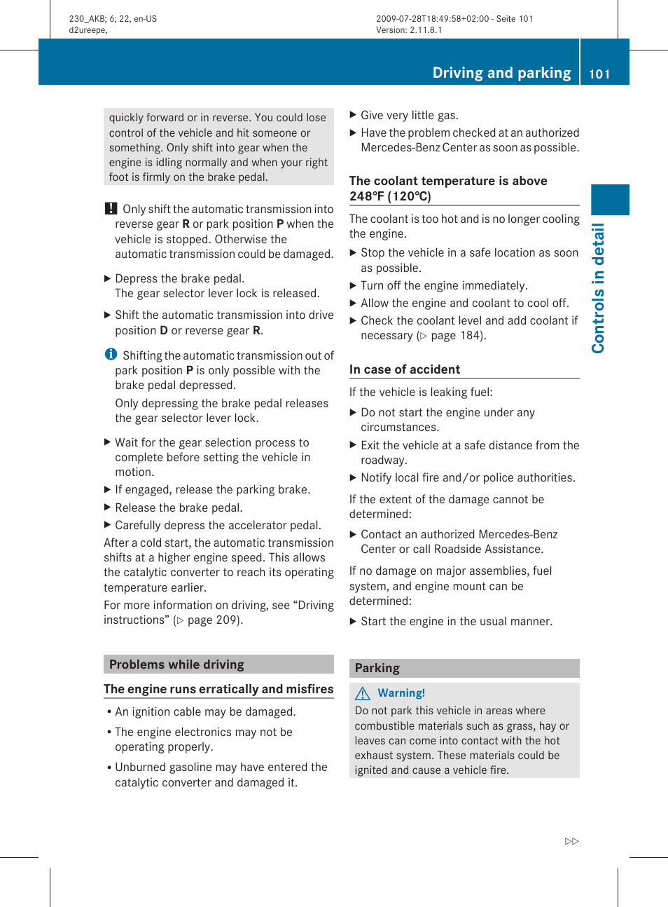 Problems while driving, Parking, Controls in detail | Driving and parking | Mercedes-Benz 2011 SL-Class User Manual | Page 103 / 316