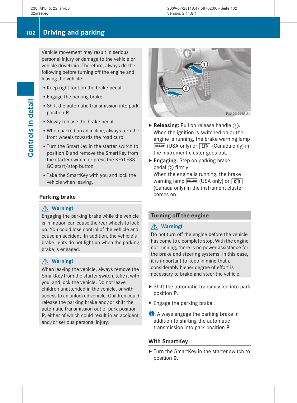 Turning off the engine, Controls in detail, Driving and parking | Mercedes-Benz 2011 SL-Class User Manual | Page 104 / 316