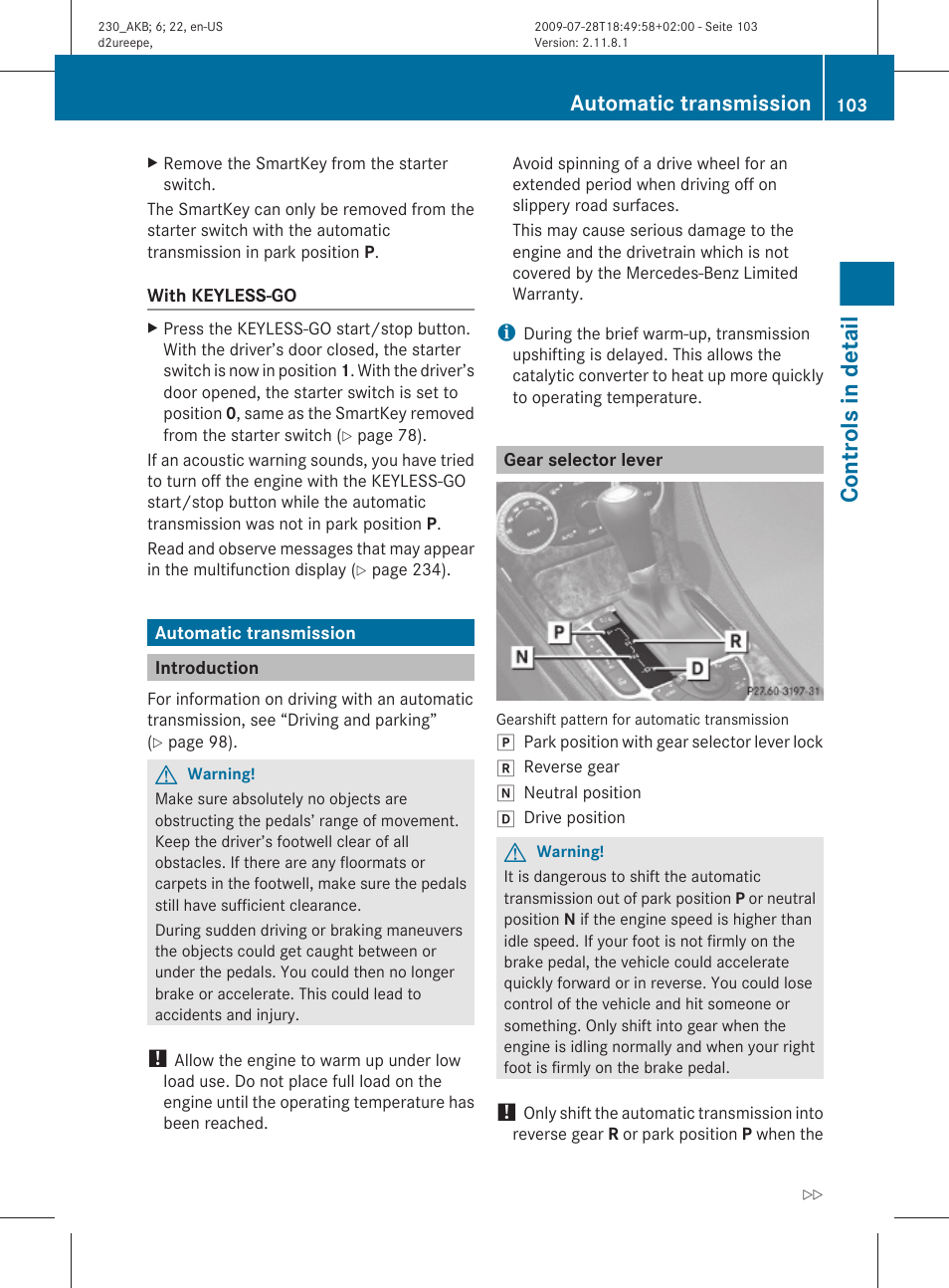 Automatic transmission, Introduction, Gear selector lever | Transmission, Controls in detail | Mercedes-Benz 2011 SL-Class User Manual | Page 105 / 316