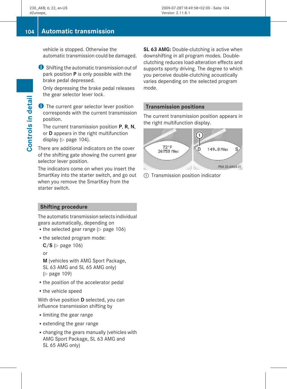 Shifting procedure, Transmission positions, Controls in detail | Automatic transmission | Mercedes-Benz 2011 SL-Class User Manual | Page 106 / 316