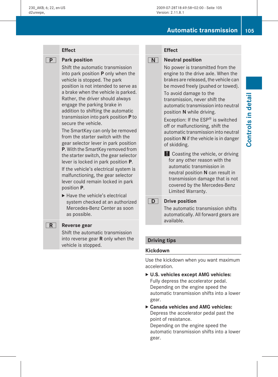 Driving tips, Controls in detail, Automatic transmission | Mercedes-Benz 2011 SL-Class User Manual | Page 107 / 316