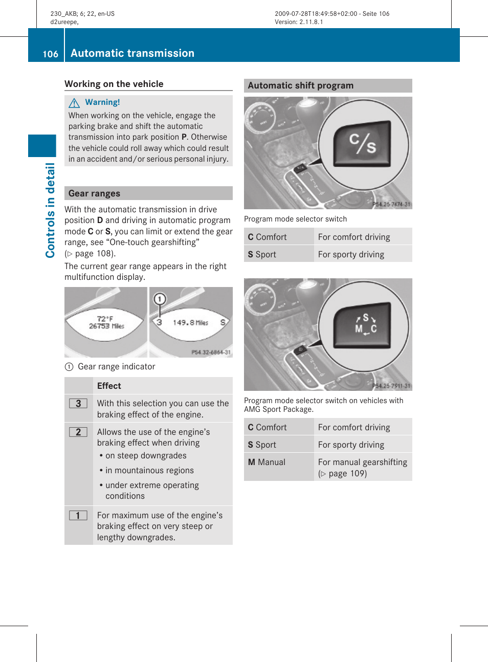 Gear ranges, Automatic shift program, The selected gear range | Controls in detail, Automatic transmission | Mercedes-Benz 2011 SL-Class User Manual | Page 108 / 316