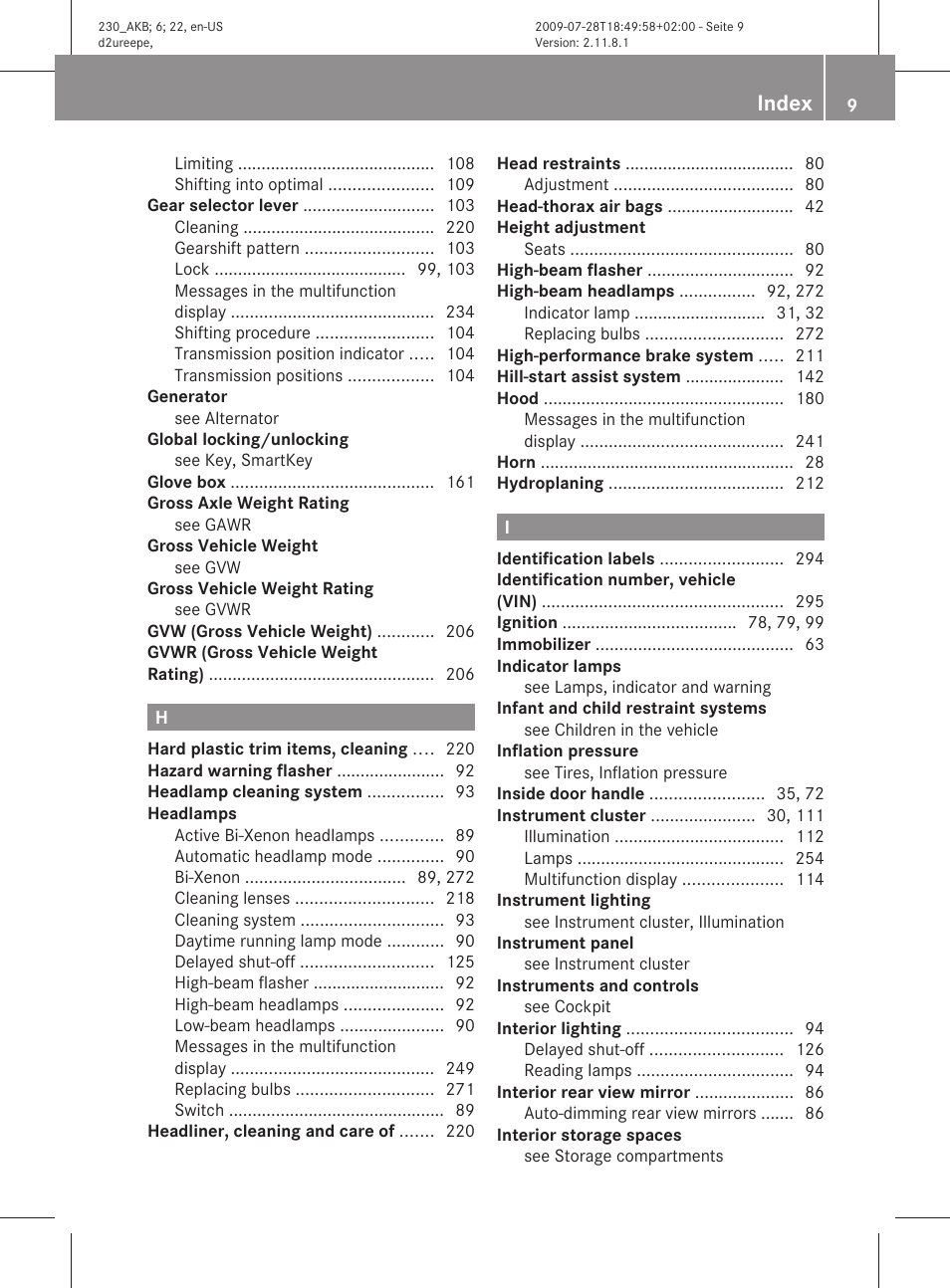 Index | Mercedes-Benz 2011 SL-Class User Manual | Page 11 / 316