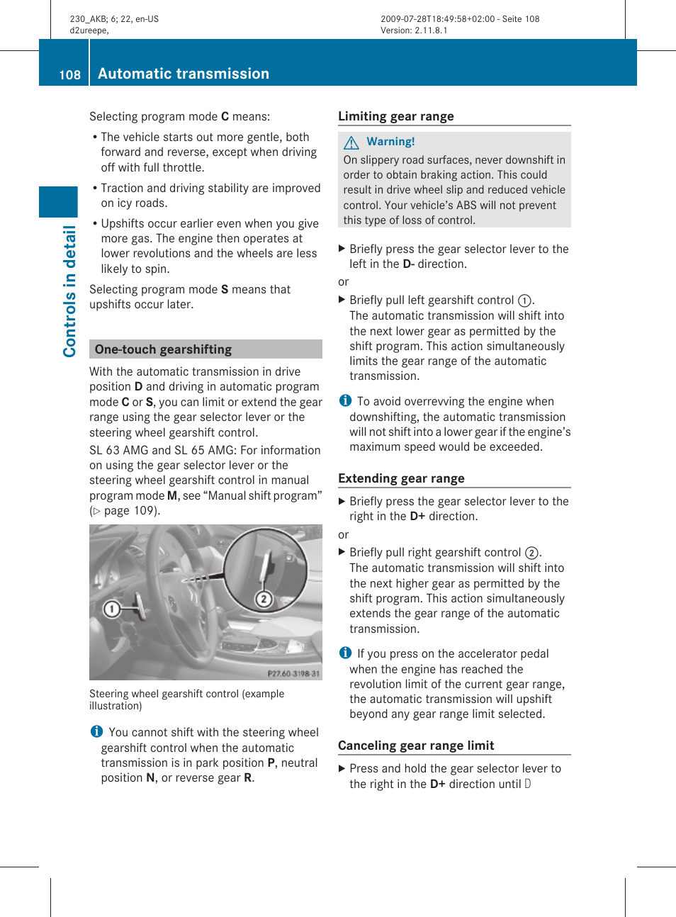 One-touch gearshifting, Controls in detail, Automatic transmission | Mercedes-Benz 2011 SL-Class User Manual | Page 110 / 316