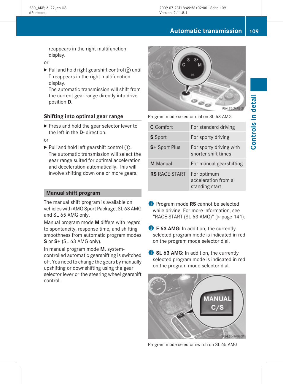 Manual shift program, Controls in detail, Automatic transmission | Mercedes-Benz 2011 SL-Class User Manual | Page 111 / 316