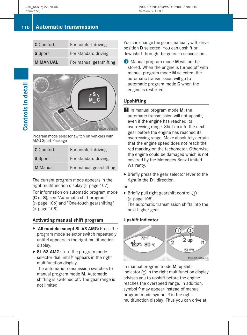 Controls in detail, Automatic transmission | Mercedes-Benz 2011 SL-Class User Manual | Page 112 / 316